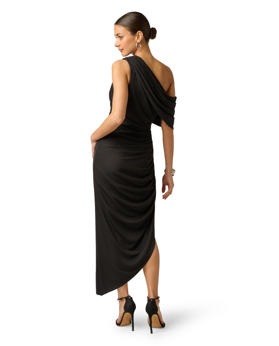 Vestido midi con escote asimétrico, drapeado y abertura - Adrianna Papell - Negro Negro-2