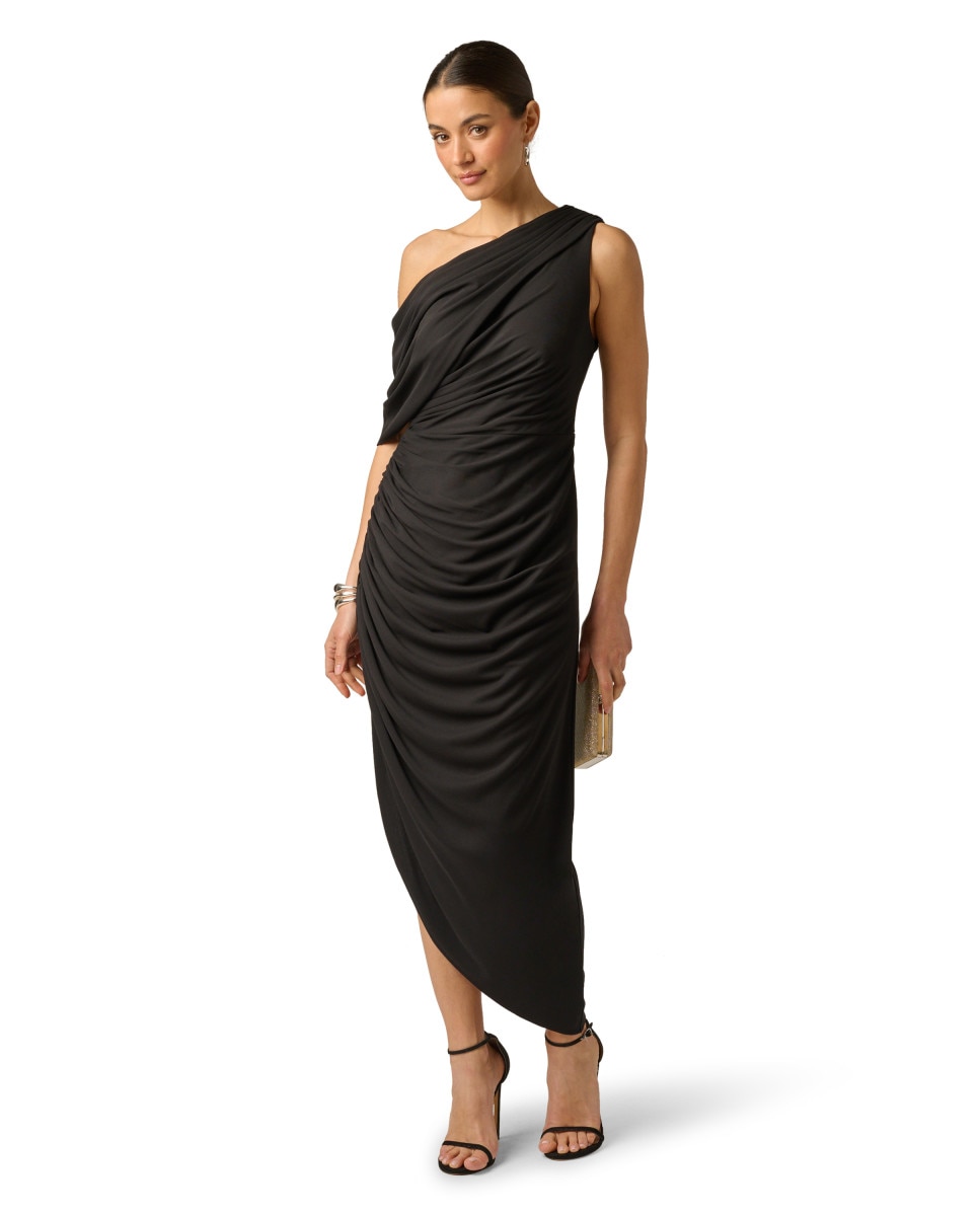 Vestido midi con escote asimétrico, drapeado y abertura - Adrianna Papell - Negro Negro-3