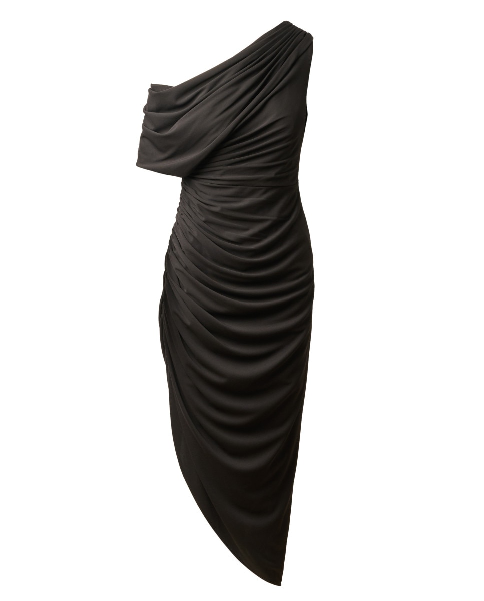 Vestido midi con escote asimétrico, drapeado y abertura - Adrianna Papell - Negro Negro-5