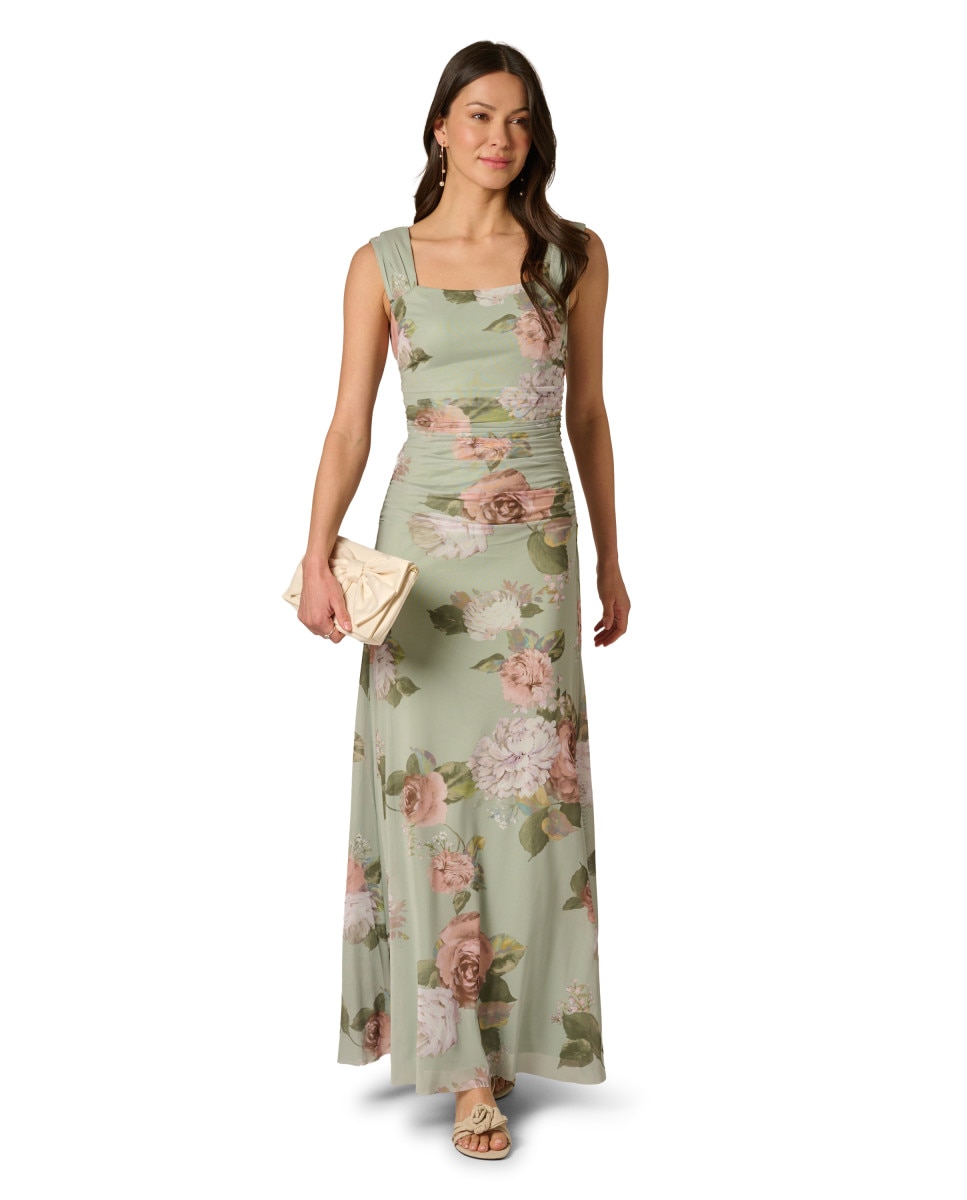 Vestido floral drapeado de tirantes - Adrianna Papell - Verde Verde-3