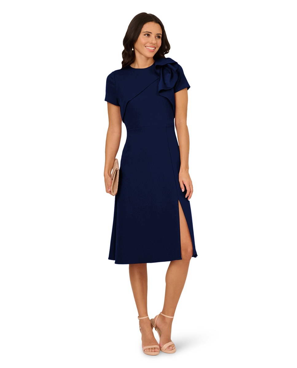 Vestido midi con volante lateral y manga corta - Adrianna Papell - Azul Azul-3