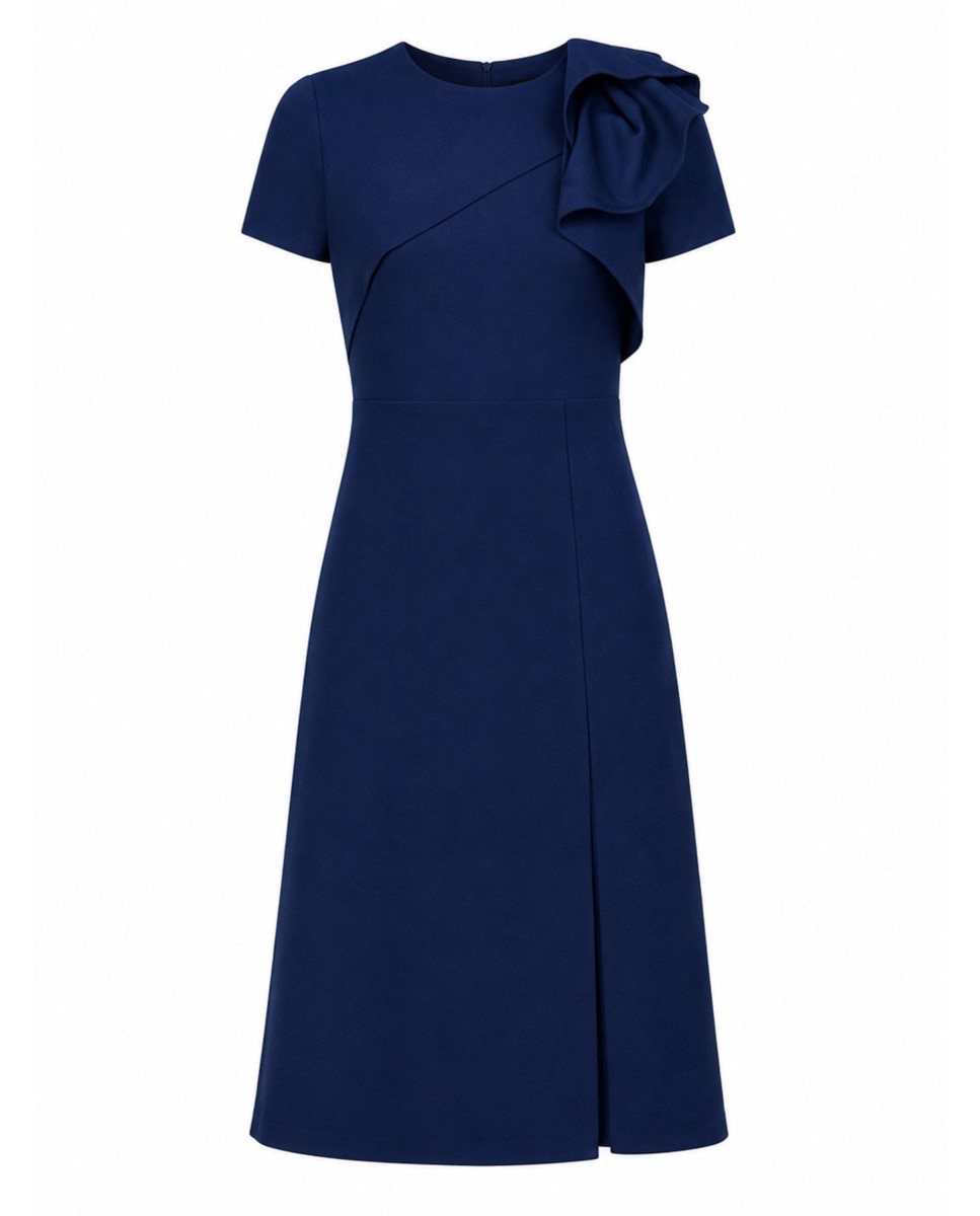 Vestido midi con volante lateral y manga corta - Adrianna Papell - Azul Azul-5