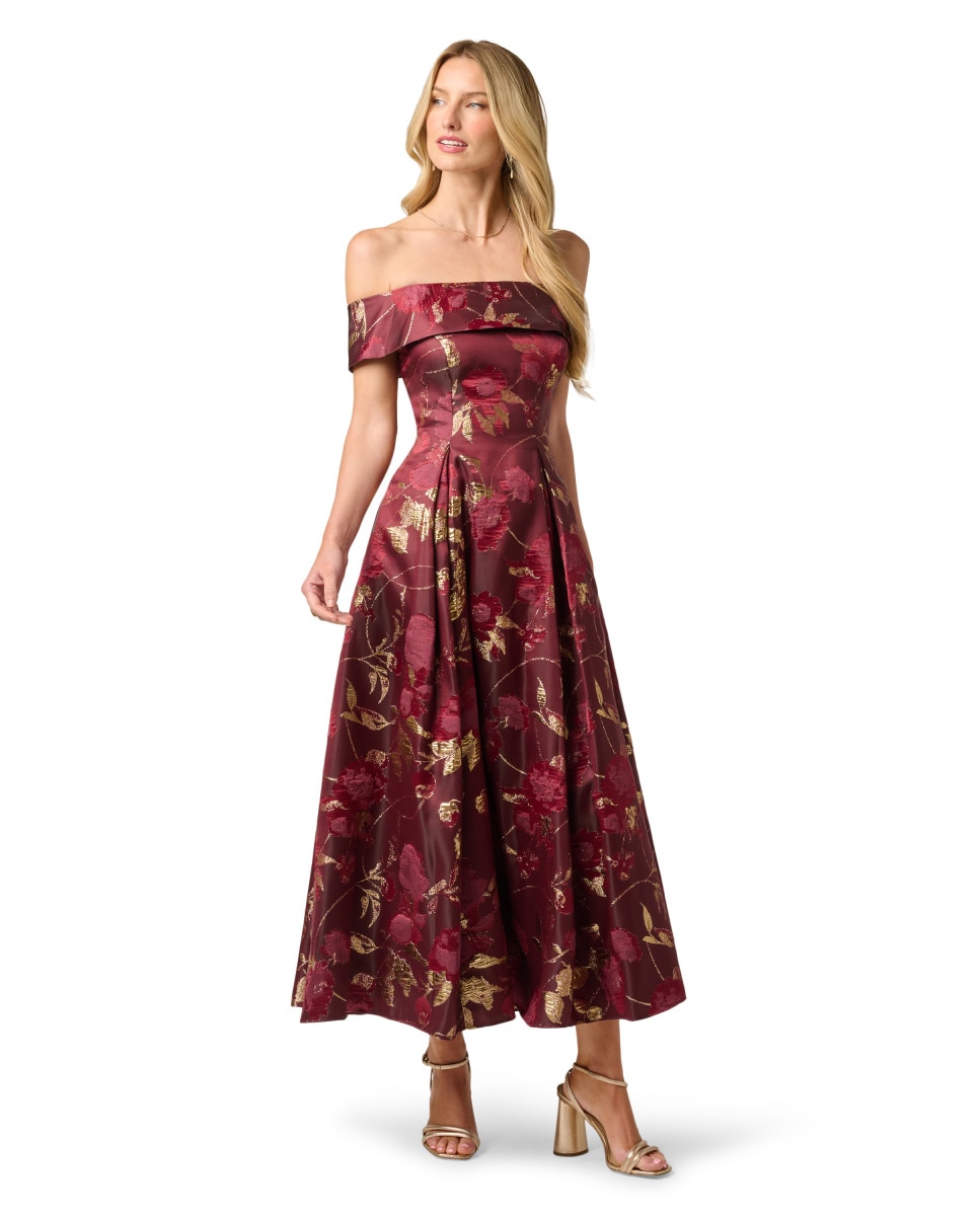 Vestido floral midi con escote bardot y vuelo - Adrianna Papell - Rojo Rojo-1