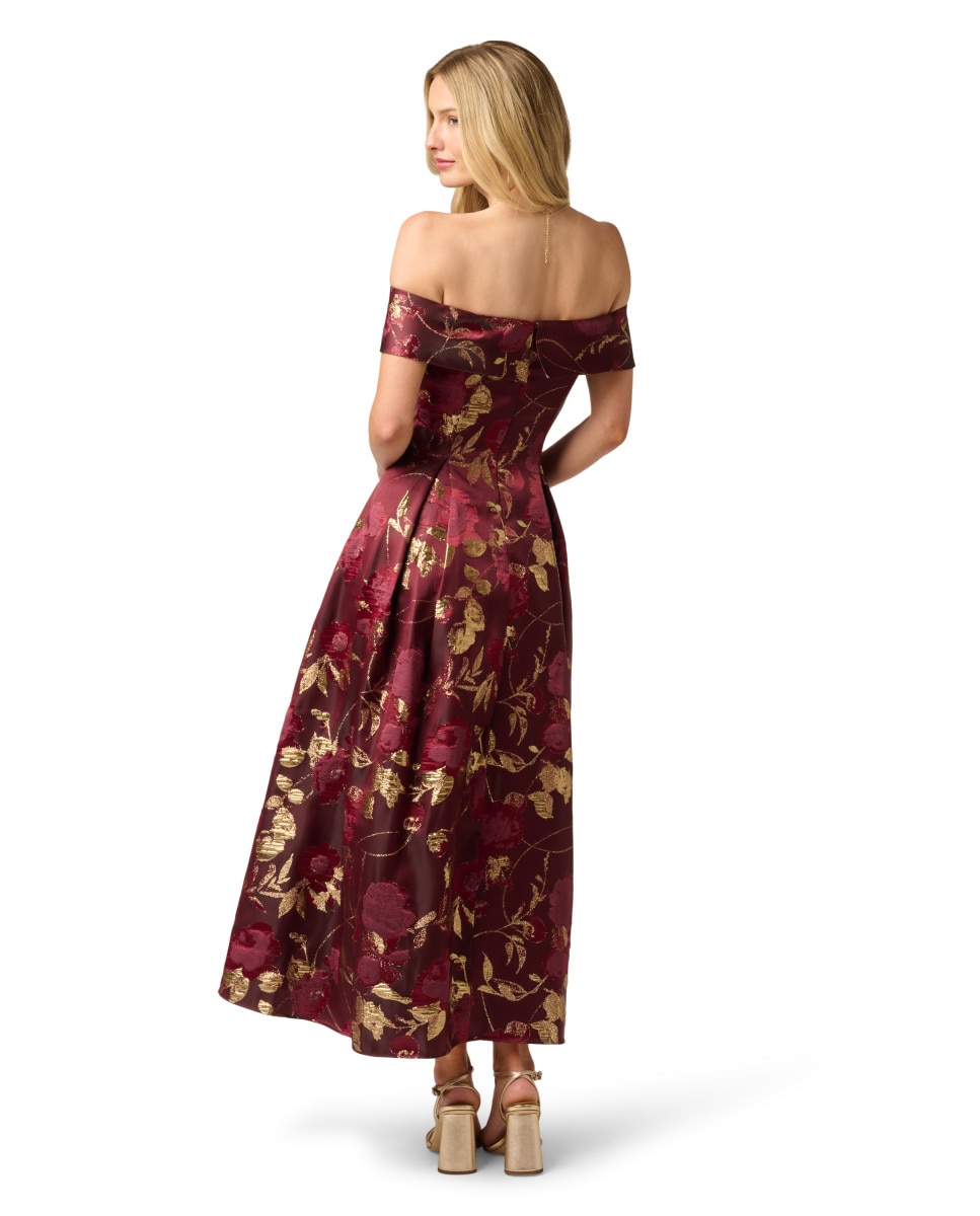 Vestido floral midi con escote bardot y vuelo - Adrianna Papell - Rojo Rojo-2