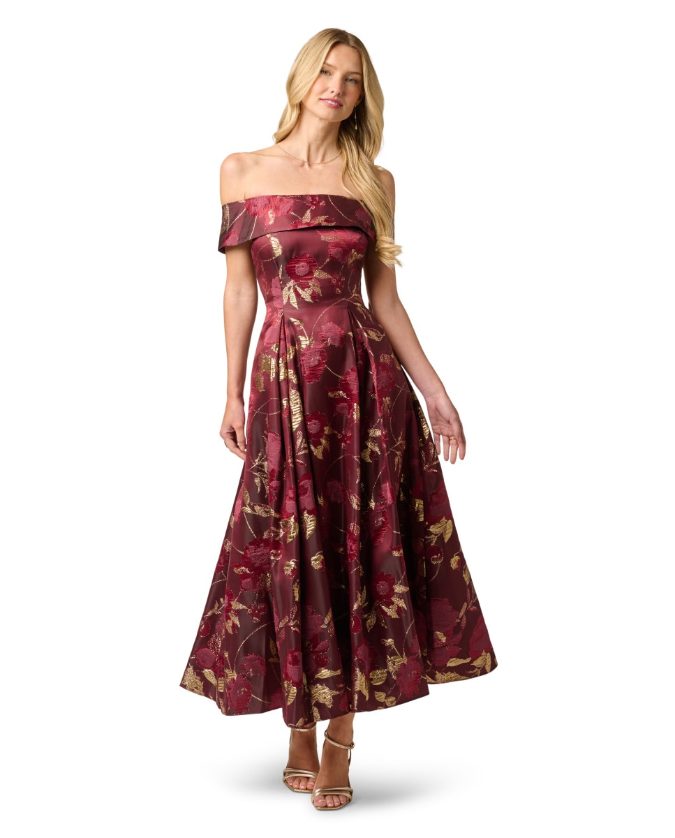 Vestido floral midi con escote bardot y vuelo - Adrianna Papell - Rojo Rojo-3