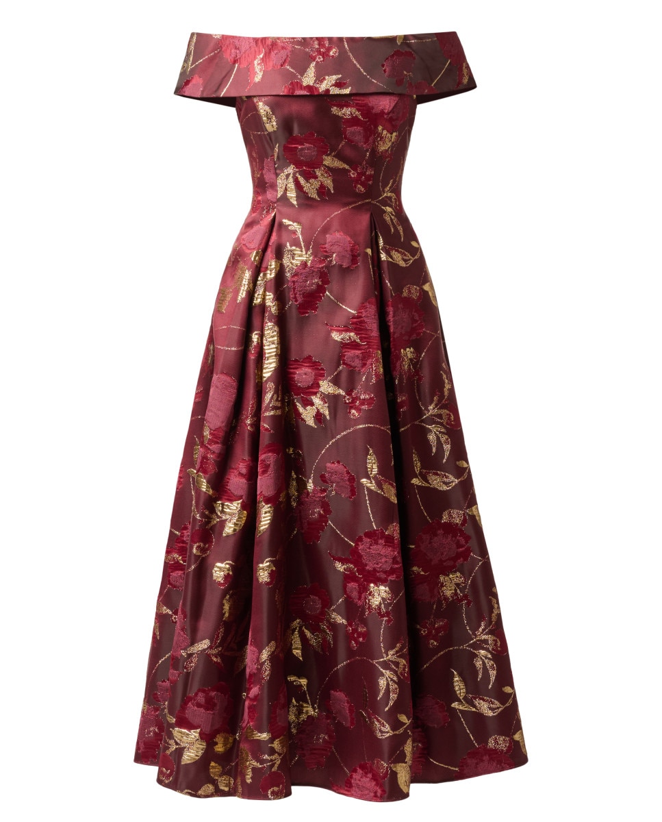 Vestido floral midi con escote bardot y vuelo - Adrianna Papell - Rojo Rojo-5