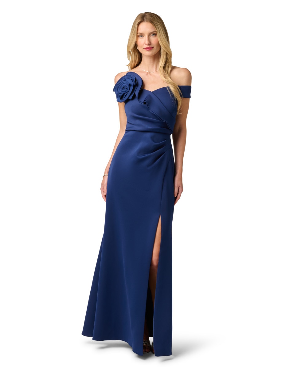 Vestido largo con escote bardot y flor - Adrianna Papell - Azul Azul-1