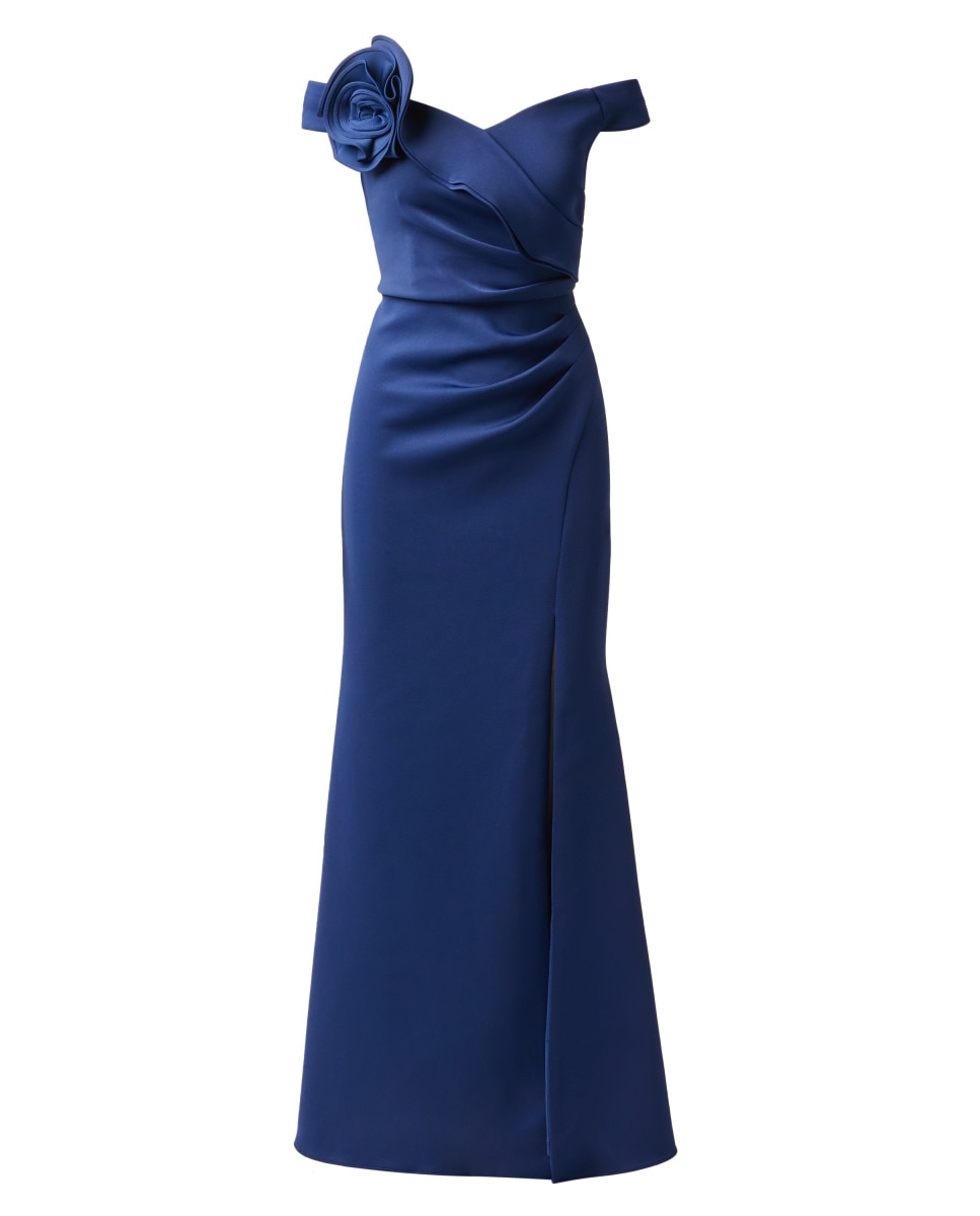 Vestido largo con escote bardot y flor - Adrianna Papell - Azul Azul-5