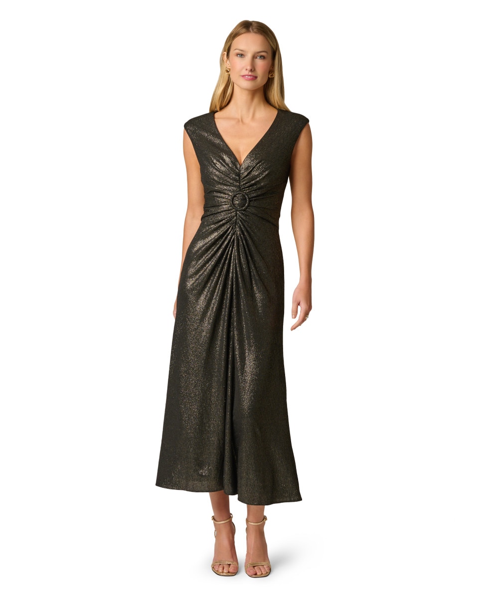 Vestido drapeado con escote pico y detalle de aro - Adrianna Papell - Negro Negro-1