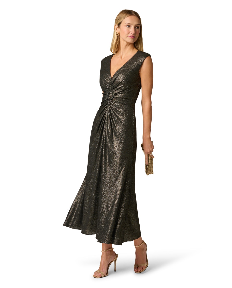Vestido drapeado con escote pico y detalle de aro - Adrianna Papell - Negro Negro-3