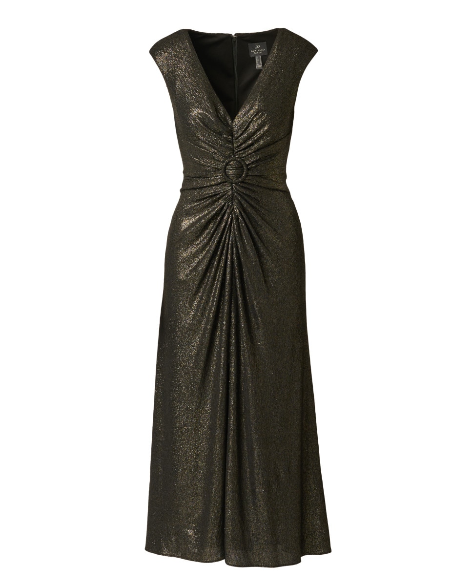 Vestido drapeado con escote pico y detalle de aro - Adrianna Papell - Negro Negro-5