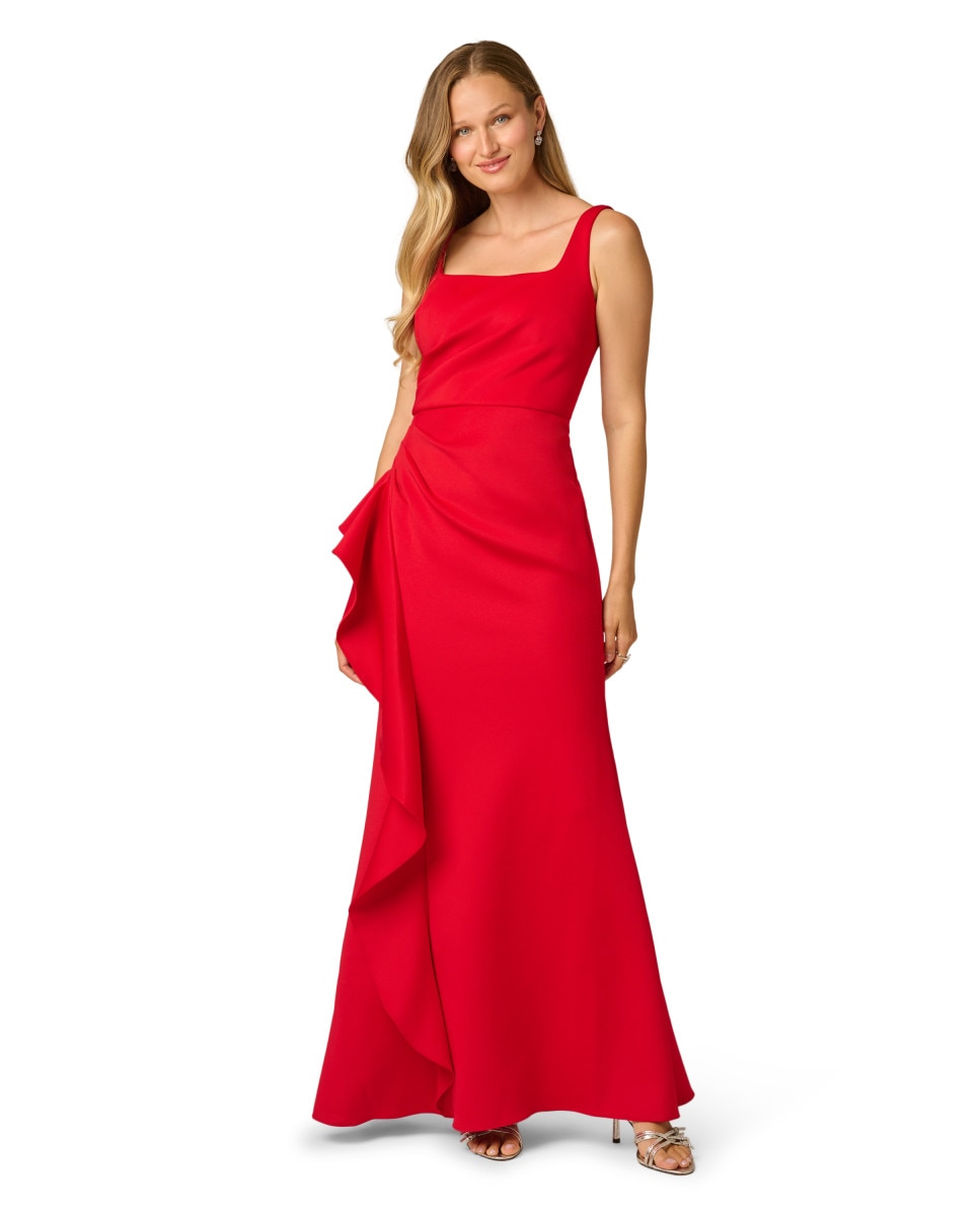 Vestido midi con volante y escote cuadrado - Adrianna Papell - Rojo Rojo-1