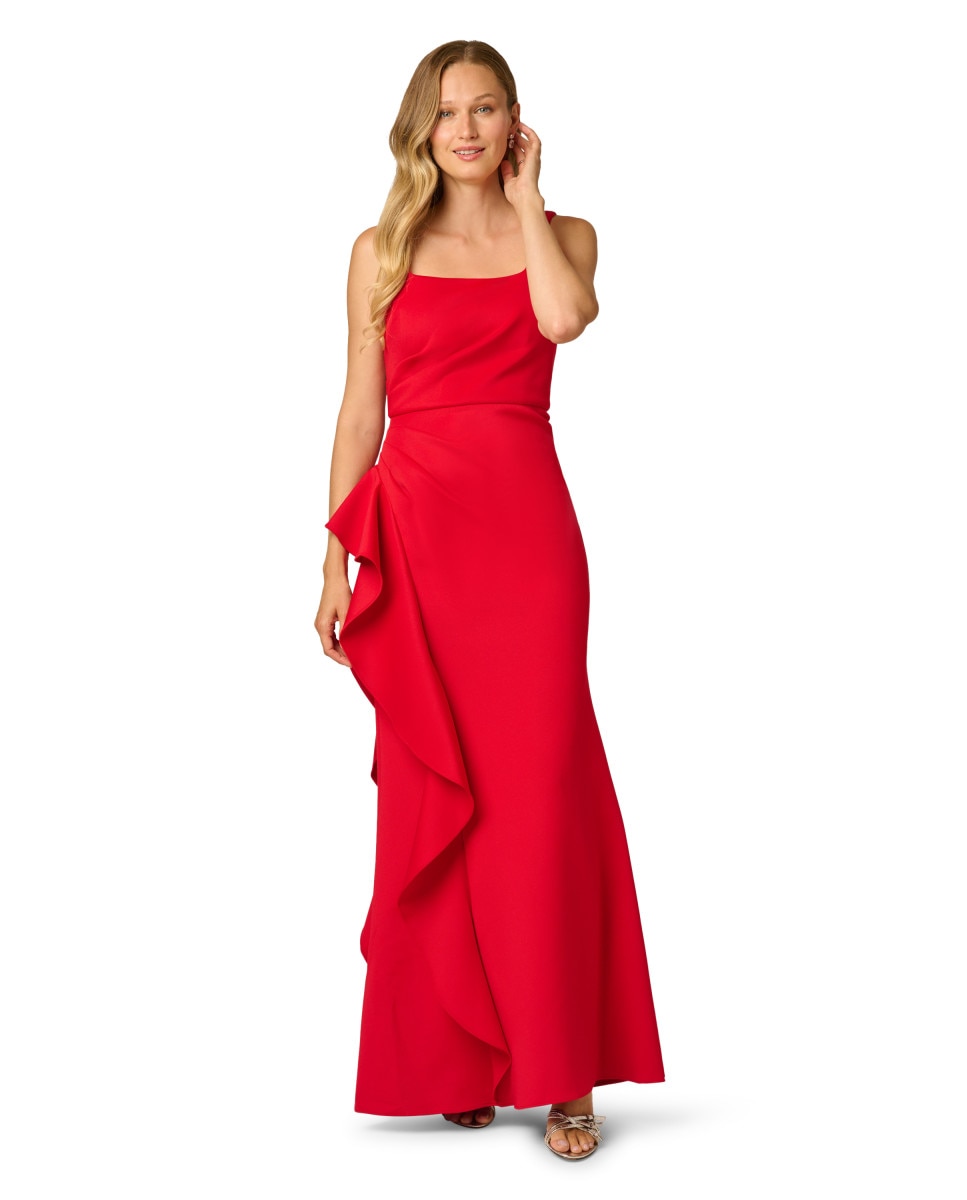 Vestido midi con volante y escote cuadrado - Adrianna Papell - Rojo Rojo-3