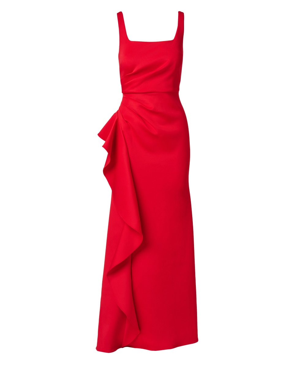 Vestido midi con volante y escote cuadrado - Adrianna Papell - Rojo Rojo-5