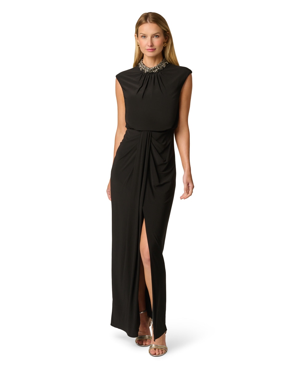 Vestido drapeado con pedrería y cuello joya - Adrianna Papell - Negro Negro-1