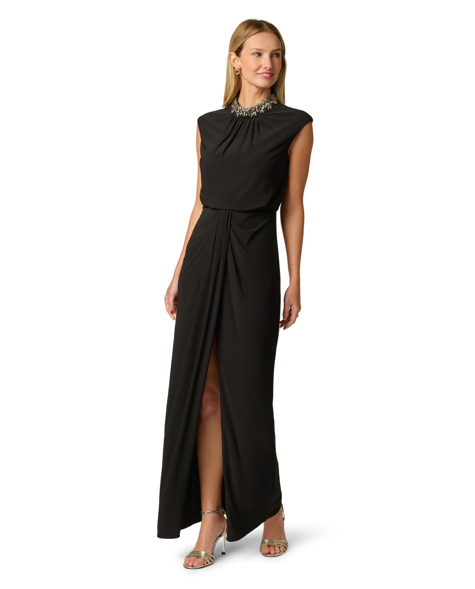 Vestido drapeado con pedrería y cuello joya - Adrianna Papell - Negro Negro-3