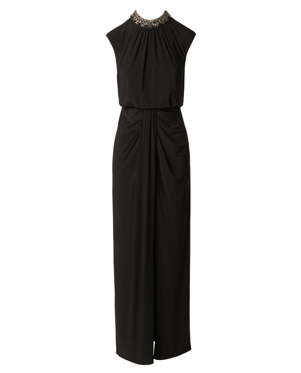 Vestido drapeado con pedrería y cuello joya - Adrianna Papell - Negro Negro-5