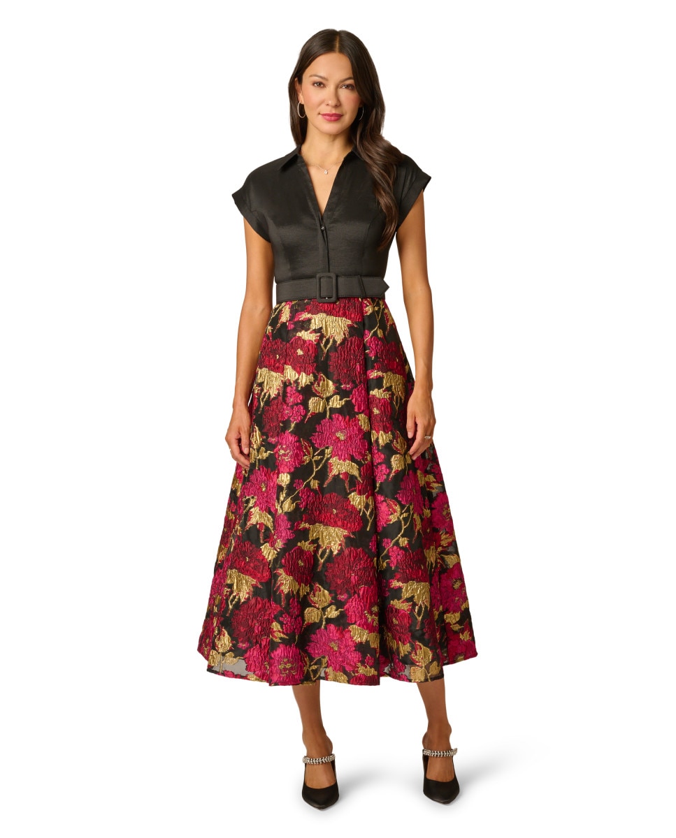 Vestido camisero con cinturón y falda jacquard - Adrianna Papell - Multicolor Multicolor-1