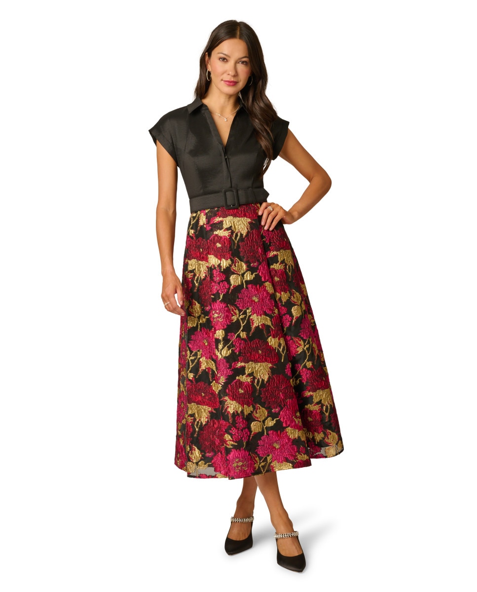 Vestido camisero con cinturón y falda jacquard - Adrianna Papell - Multicolor Multicolor-3