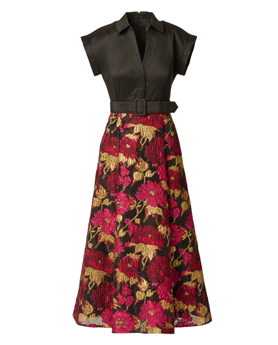Vestido camisero con cinturón y falda jacquard - Adrianna Papell - Multicolor Multicolor-5