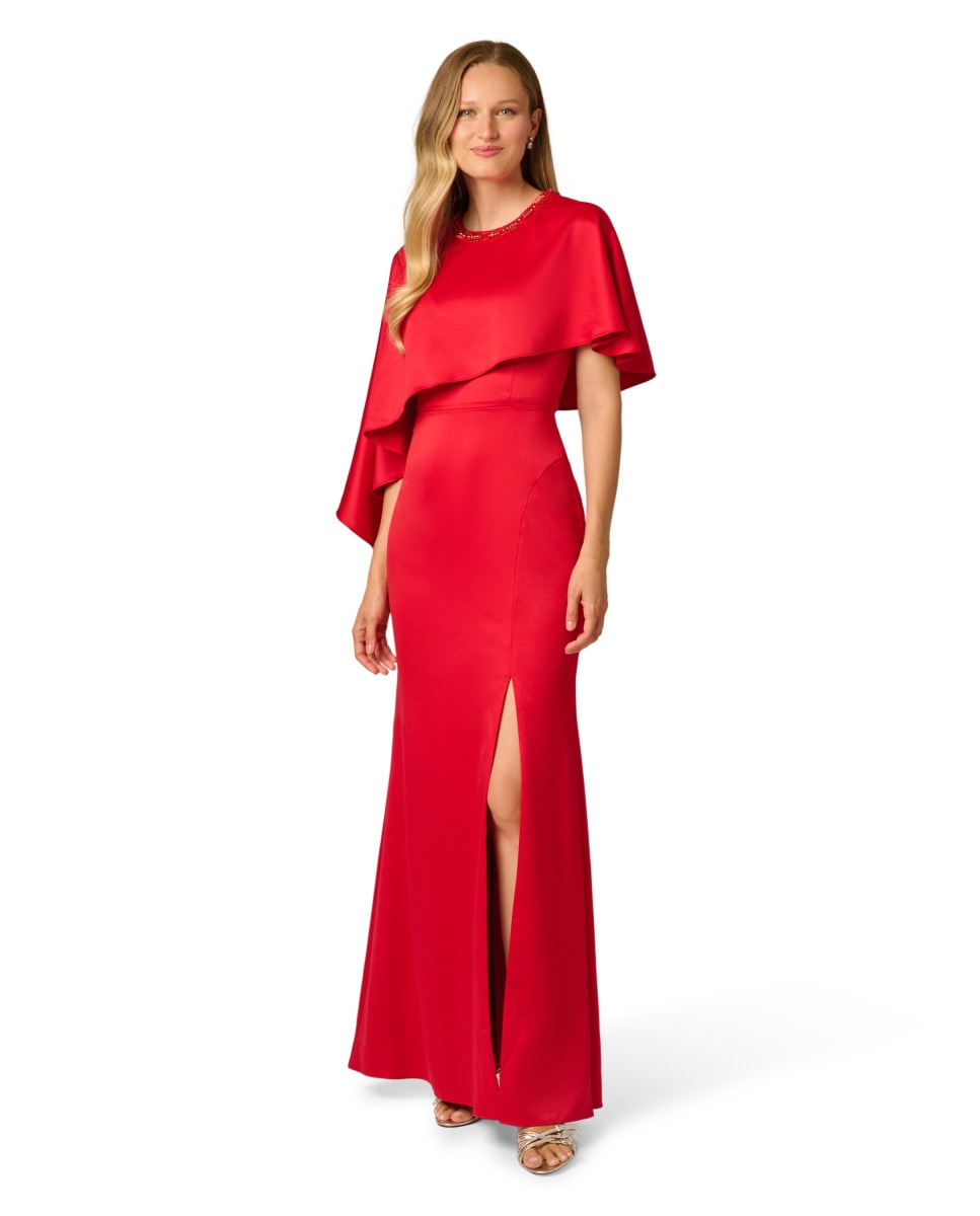 Vestido capa con pedrería y abertura - Adrianna Papell - Rojo Rojo-1
