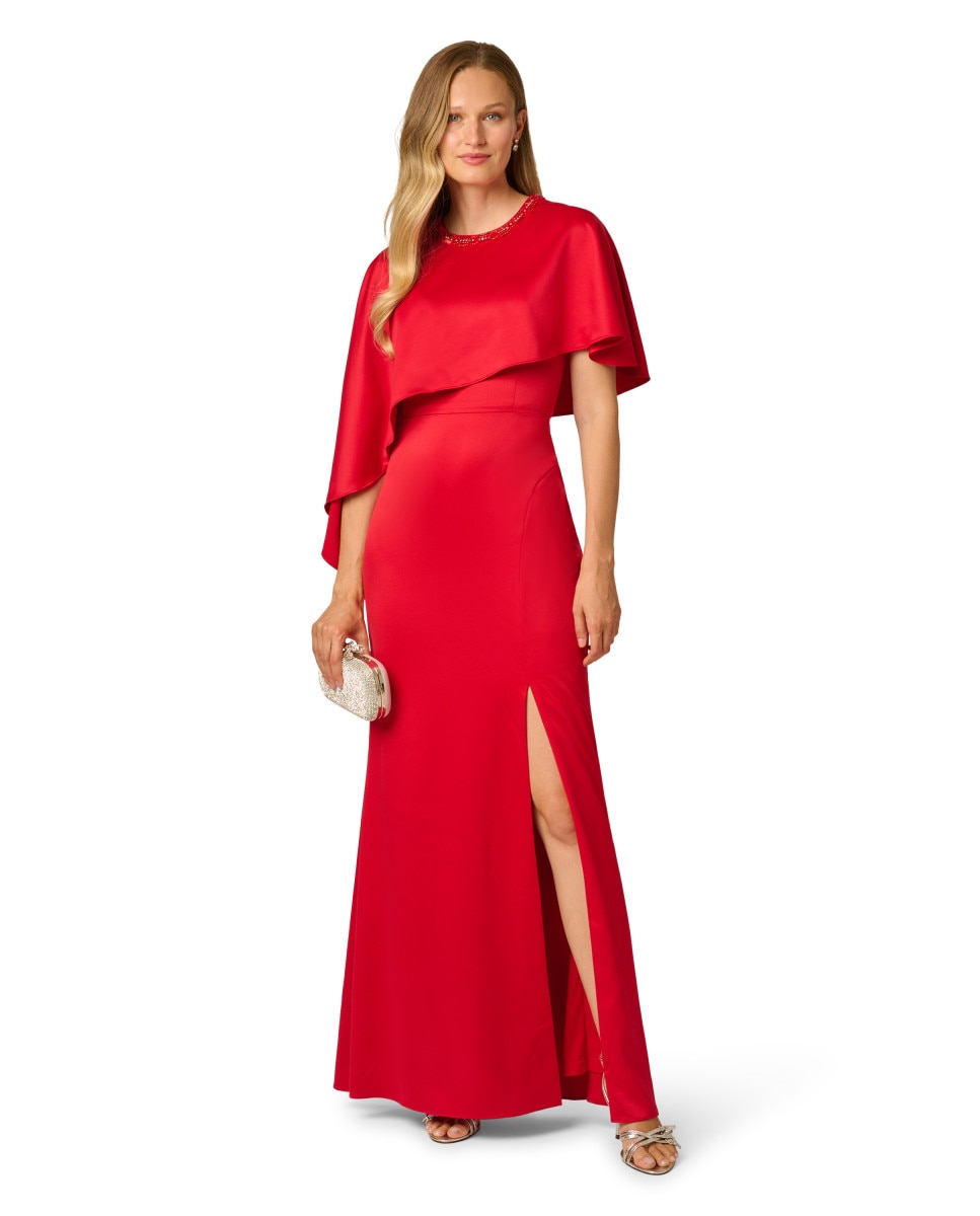 Vestido capa con pedrería y abertura - Adrianna Papell - Rojo Rojo-3
