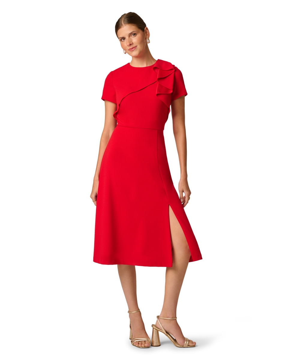 Vestido midi con volante y abertura - Rojo Rojo-1