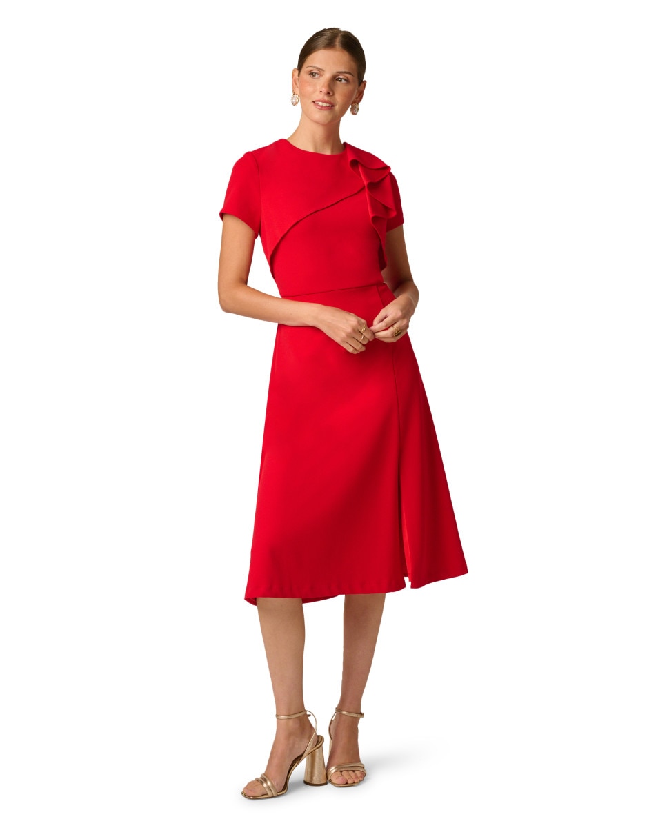Vestido midi con volante y abertura - Rojo Rojo-3