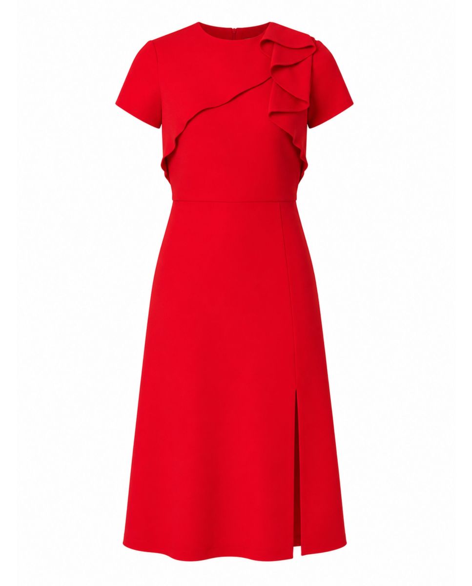 Vestido midi con volante y abertura - Rojo Rojo-5