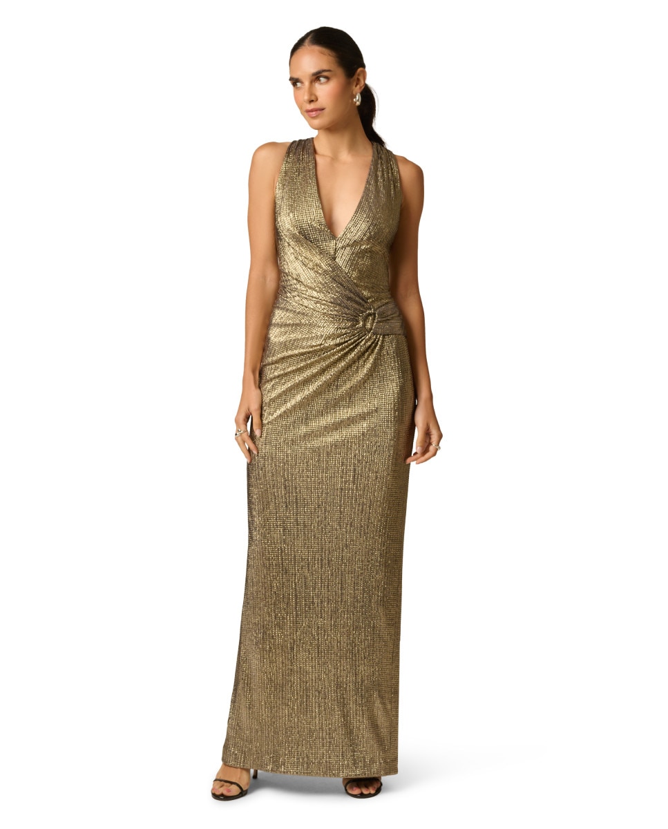 Vestido entallado con aplique lateral y brillo - Adrianna Papell - Dorado Dorado-3