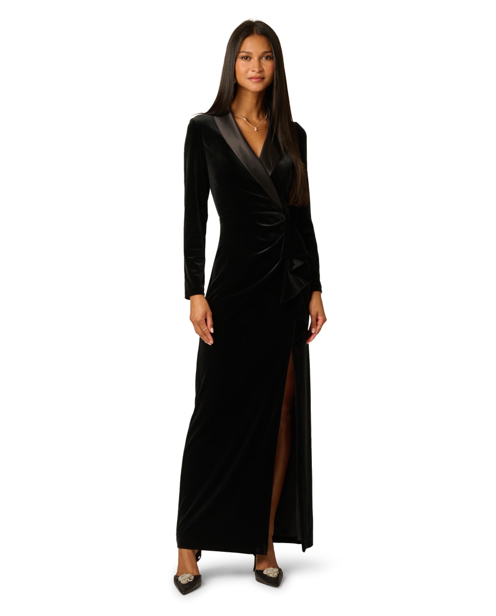 Imagen 1 de Vestido cruzado con cuello chal y drapeado Negro