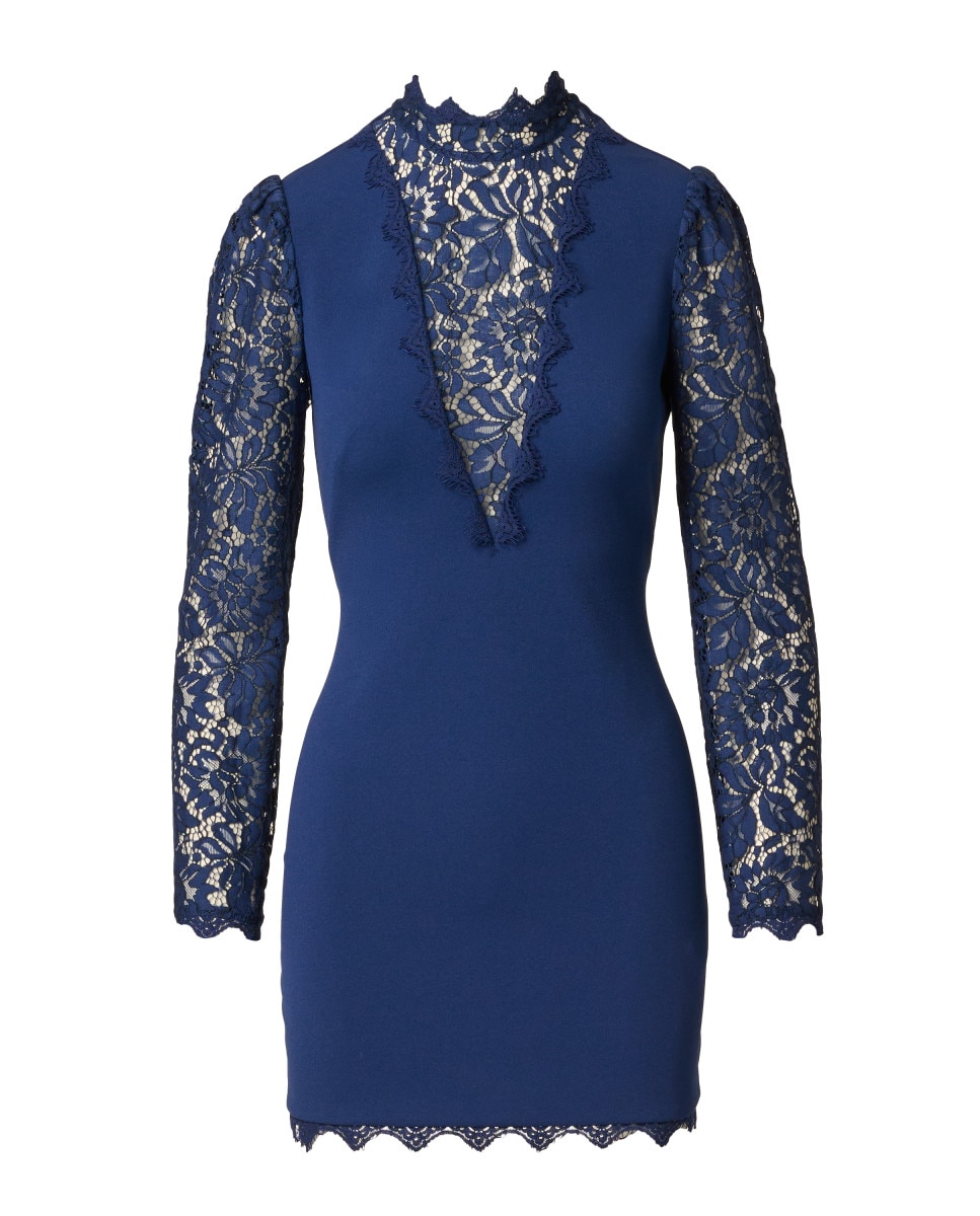 Vestido de encaje con manga larga y cuello alto - Adrianna Papell - Azul Azul-5