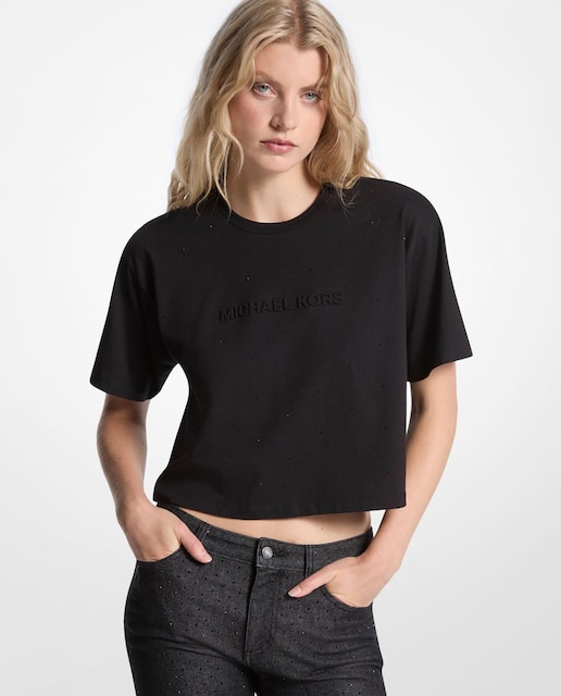 Imagen 0 de Camiseta de mujer de punto de algodón con logotipo y tachuelas