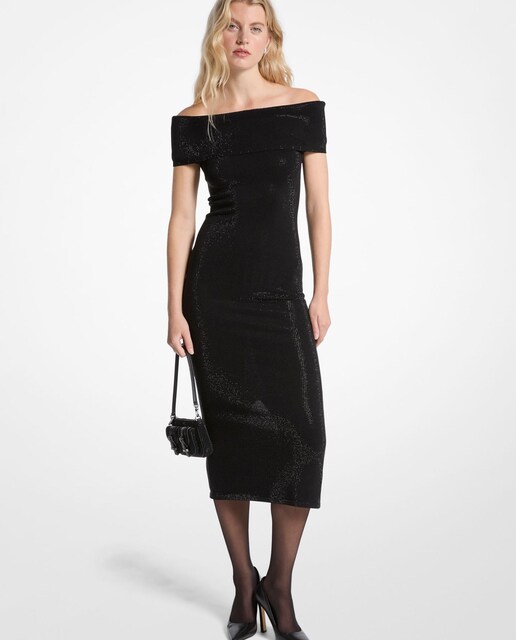 Imagen 0 de Vestido midi de punto elástico con hombros descubiertos