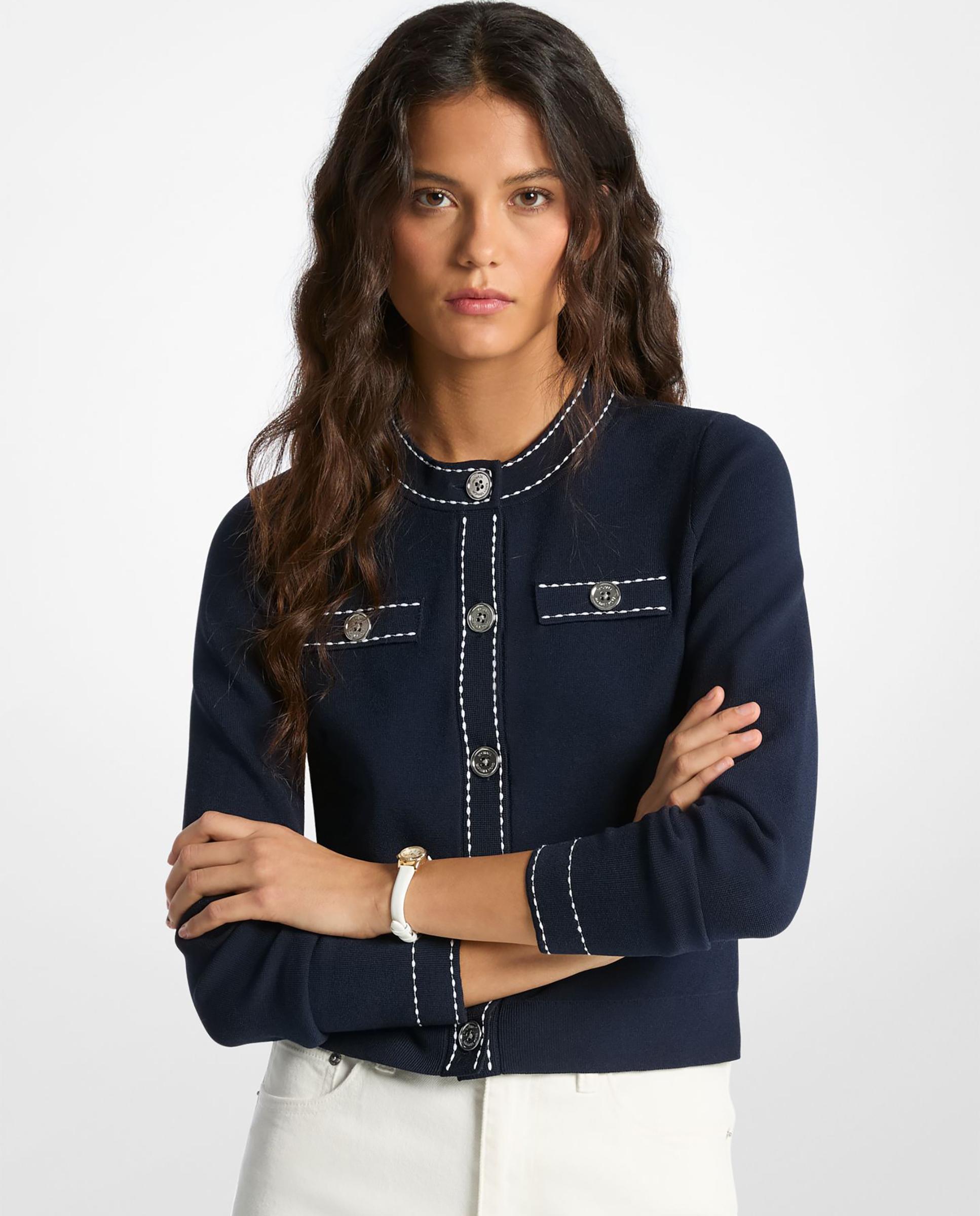 Cárdigan de mujer de punto elástico con ribete en contraste - Michael Michael Kors - Azul marino Azul marino-1