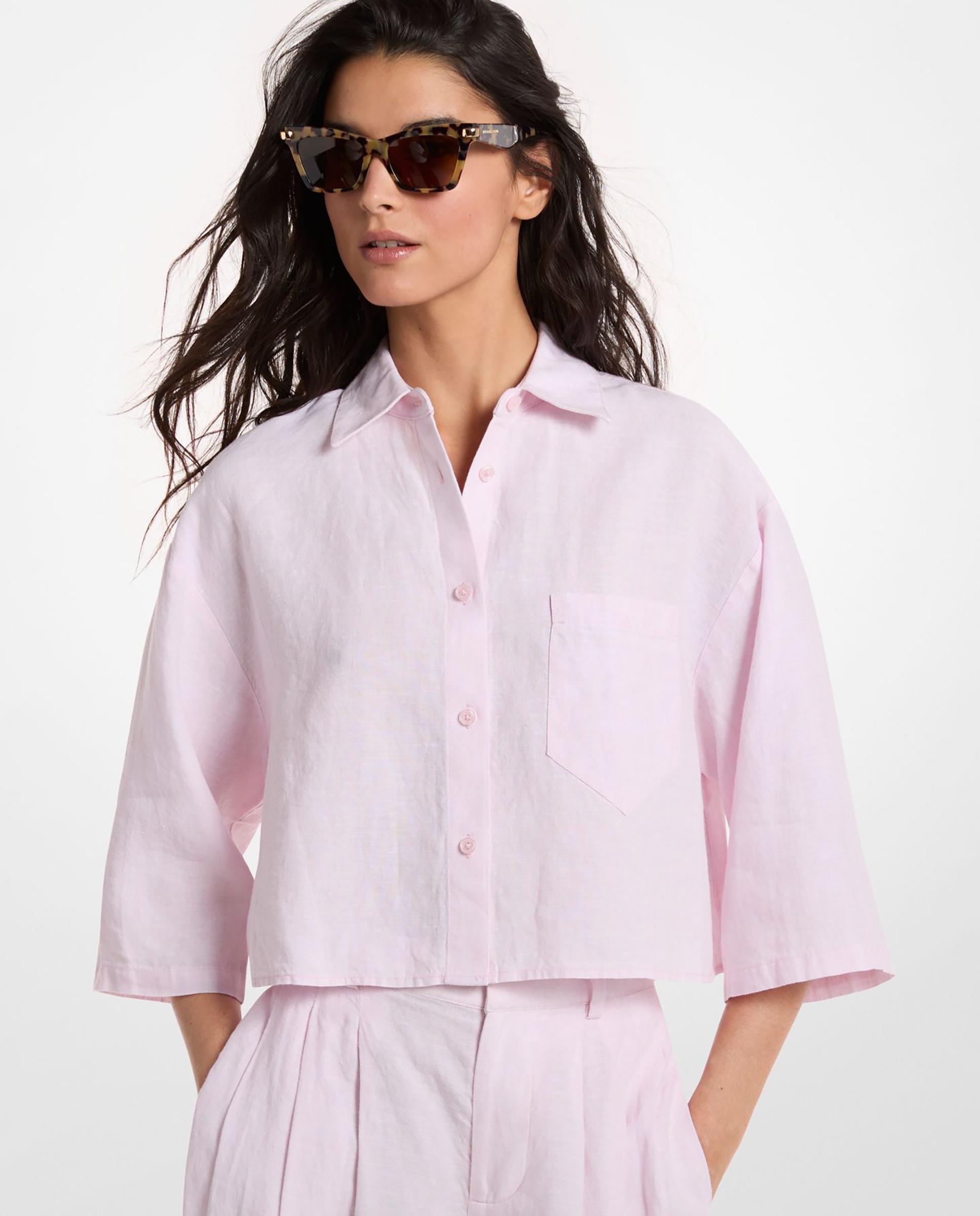 Imagen 0 de Camisa de mujer corta de lino Rosa claro