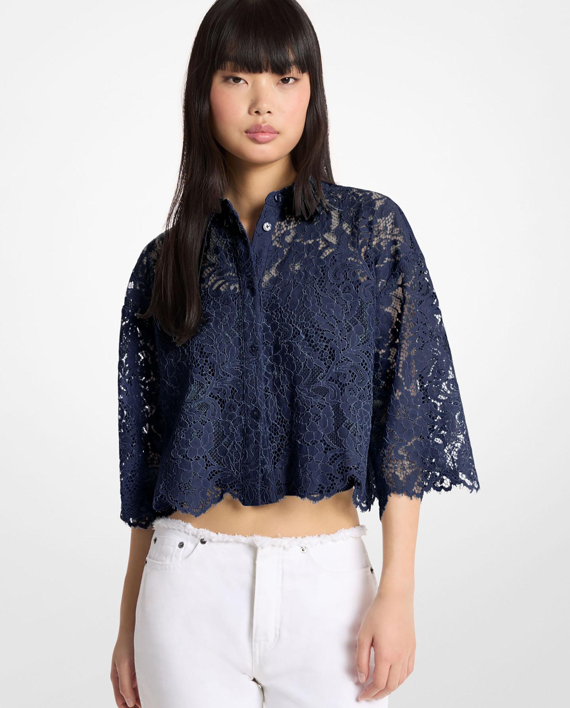 Imagen 0 de Blusa de mujer corta de encaje floral Azul marino