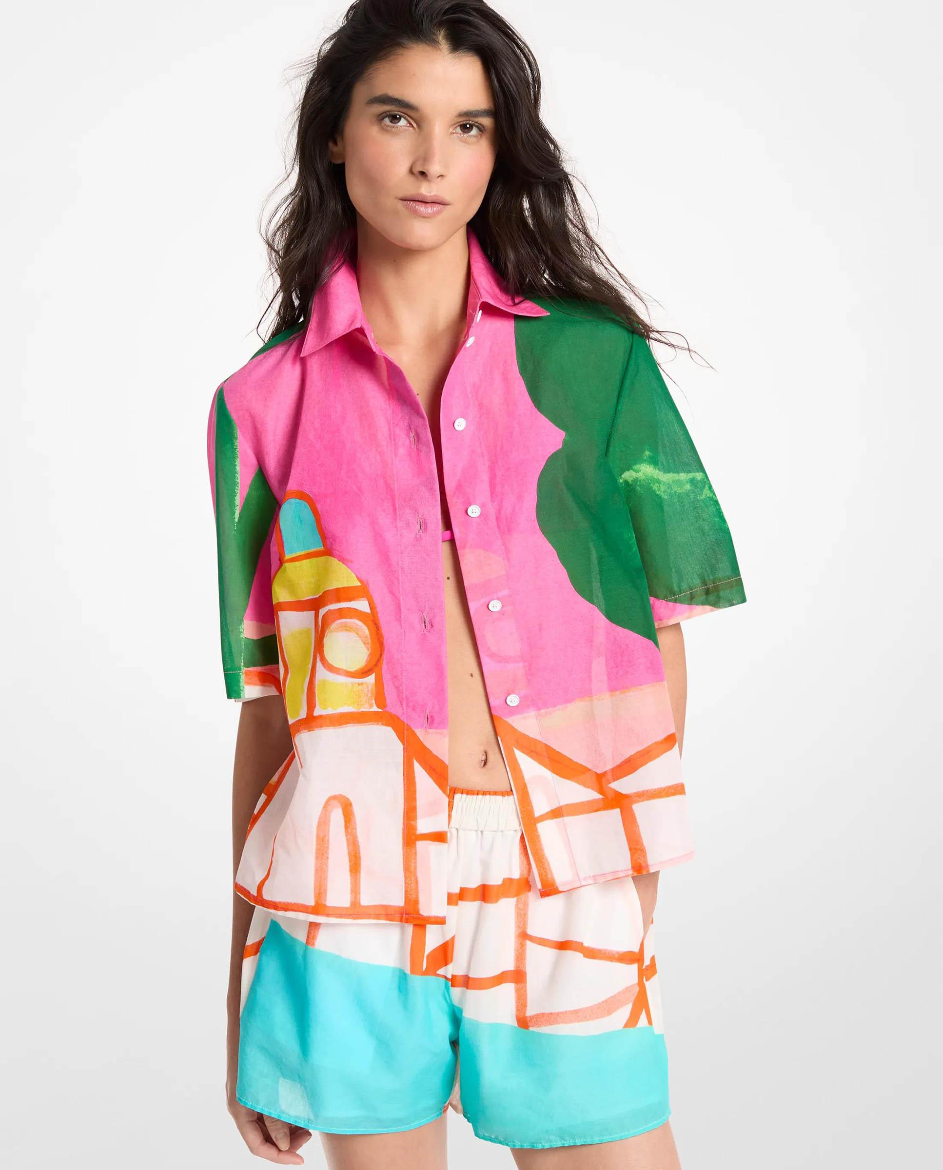 Camisa de mujer 100% algodón michael kors x christina zimpel - Michael Michael Kors - Rosa / Verde Rosa / Verde-1