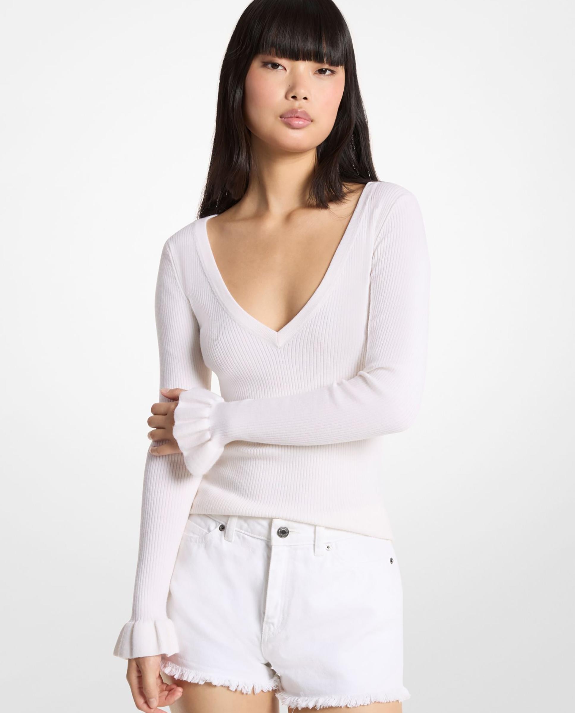 Michael Michael Kors - Jersey de mujer acanalado de mezcla de lana con cuello de pico.