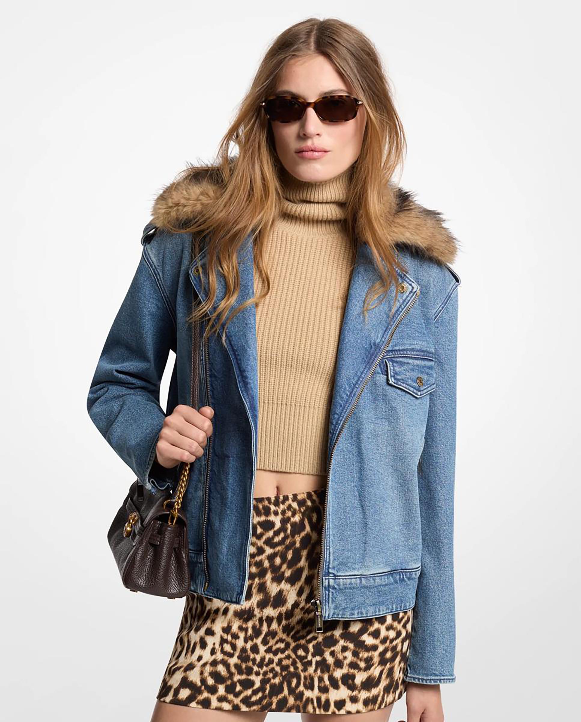 Imagen 0 de Cazadora biker de mujer de denim con ribete de pelo sintético Azul índigo