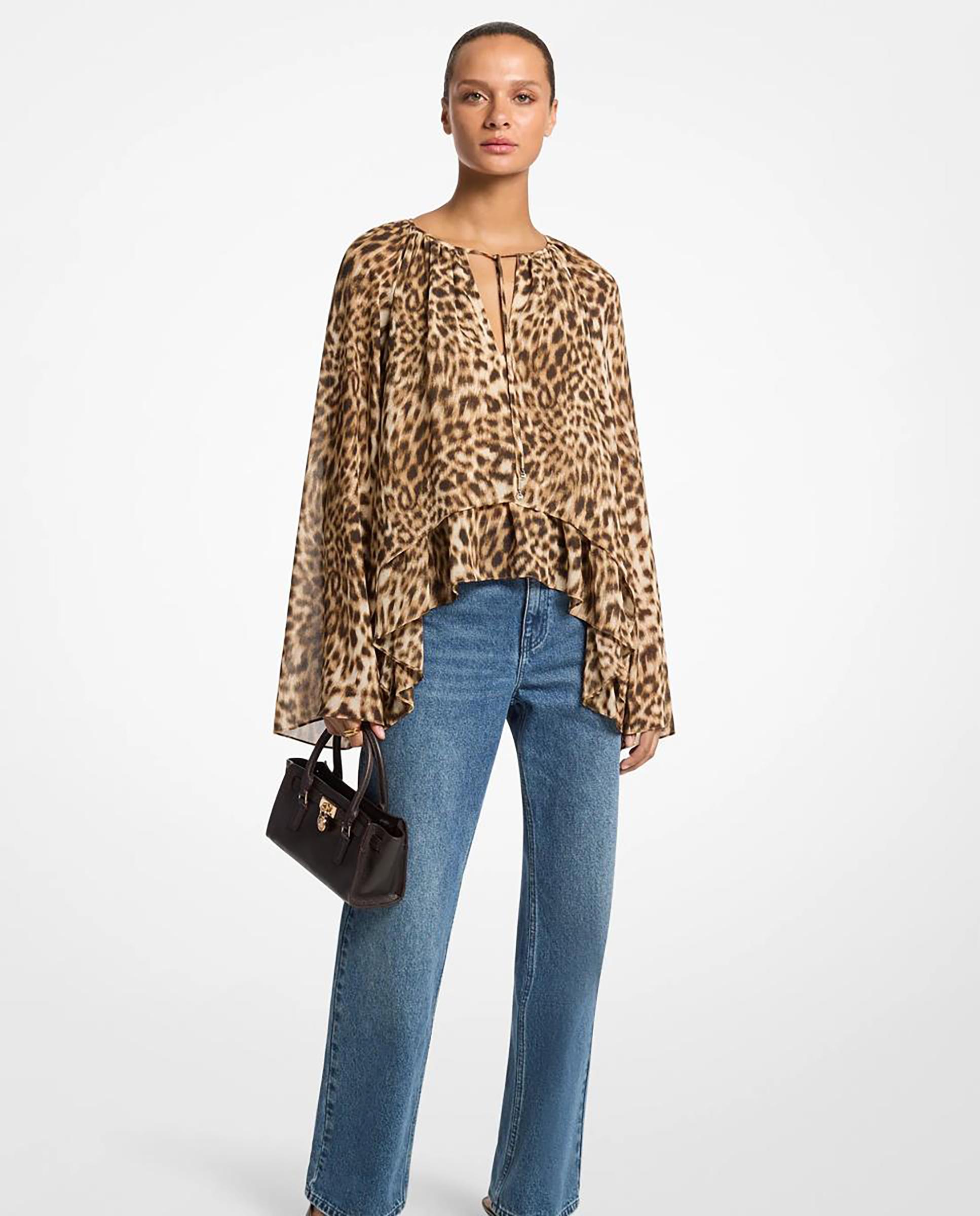 Blusa de mujer asimétrica de georgette con estampado de leopardo - Michael Michael Kors - Camel Camel-1