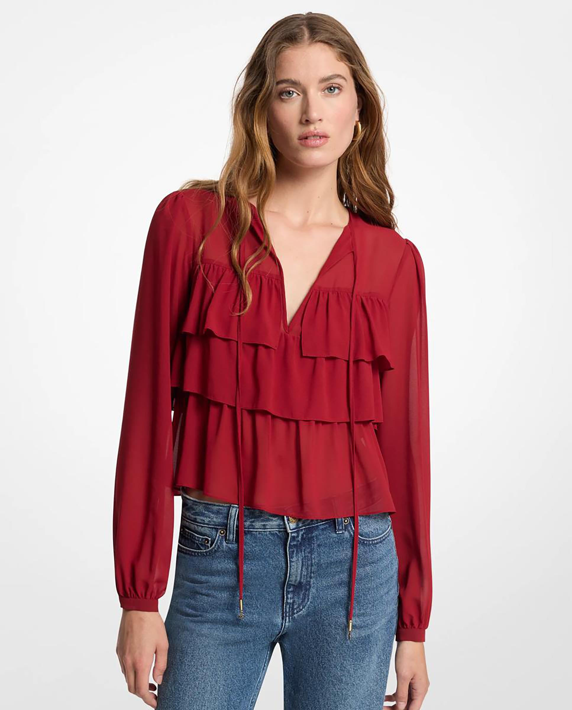 Imagen 0 de Blusa de mujer de georgette con capas Borgoña