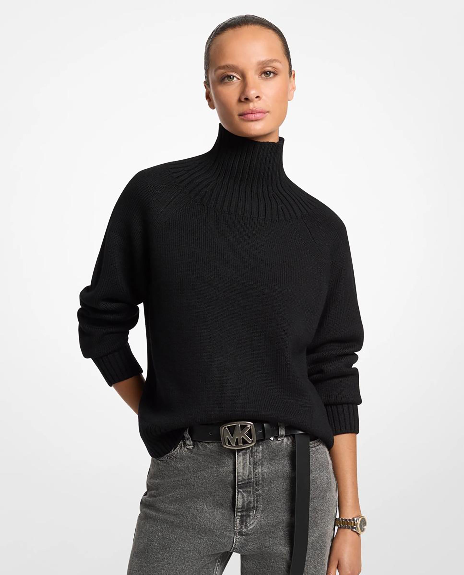Imagen 0 de Jersey de mujer 100% lana de cuello vuelto Negro