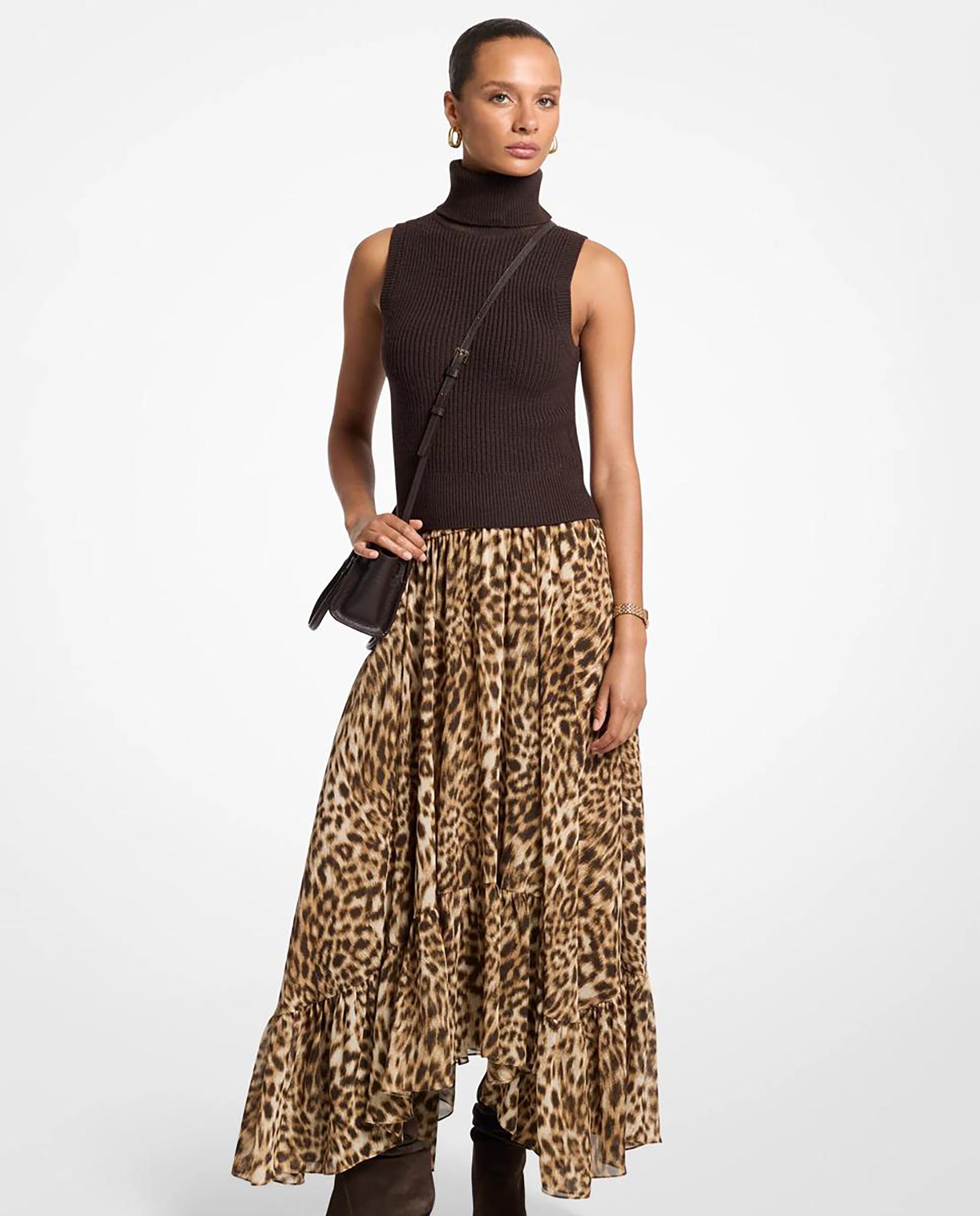 Imagen 0 de Falda midi asimétrica de georgette con estampado de leopardo Camel