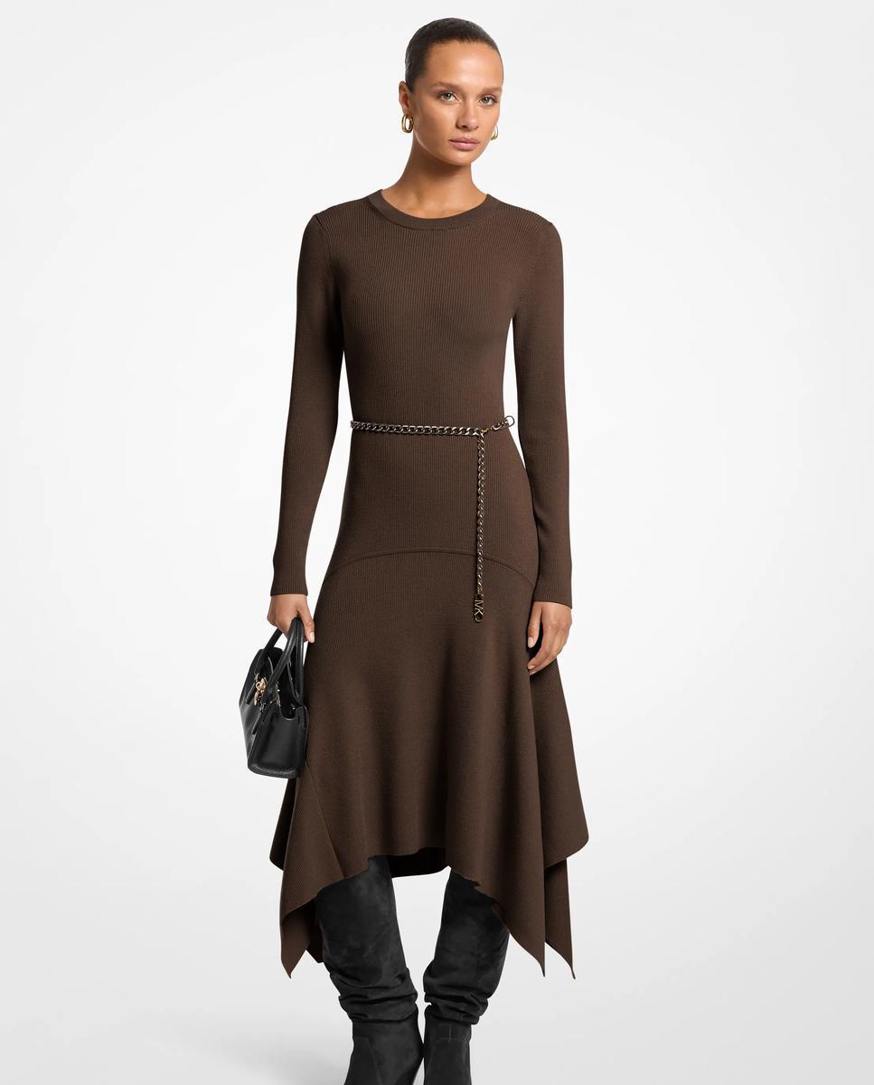 Imagen 1 de Vestido midi de lana elástica con corte asimétrico - Michael Michael Kors - Marrón chocolate Marrón chocolate