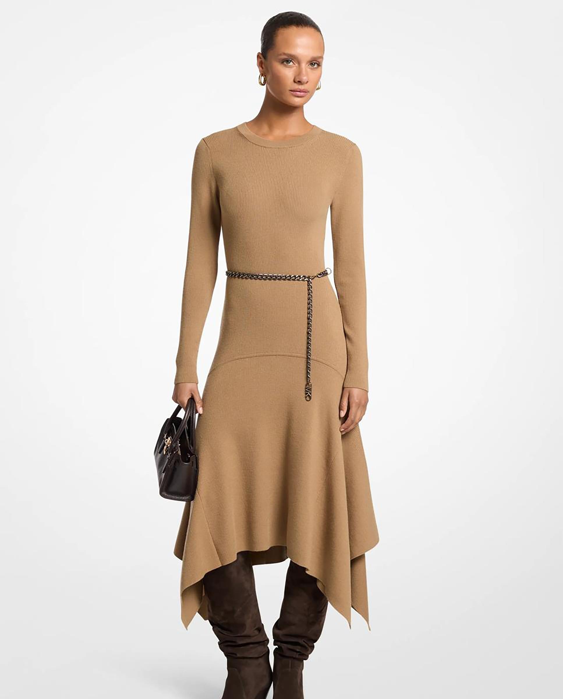 Imagen 0 de Vestido midi de lana elástica con corte asimétrico Marrón claro