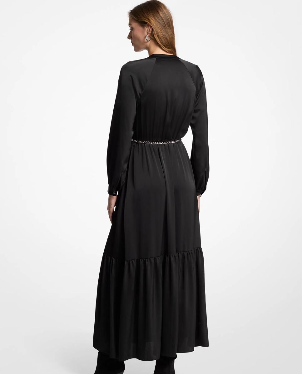 Vestido largo camisero de satén con cinturón - Michael Michael Kors - Negro Negro-2