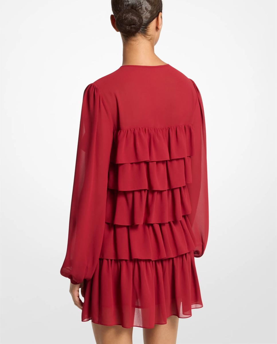 Vestido corto de georgette con volantes y cuello con lazada - Michael Michael Kors - Borgoña Borgoña-2