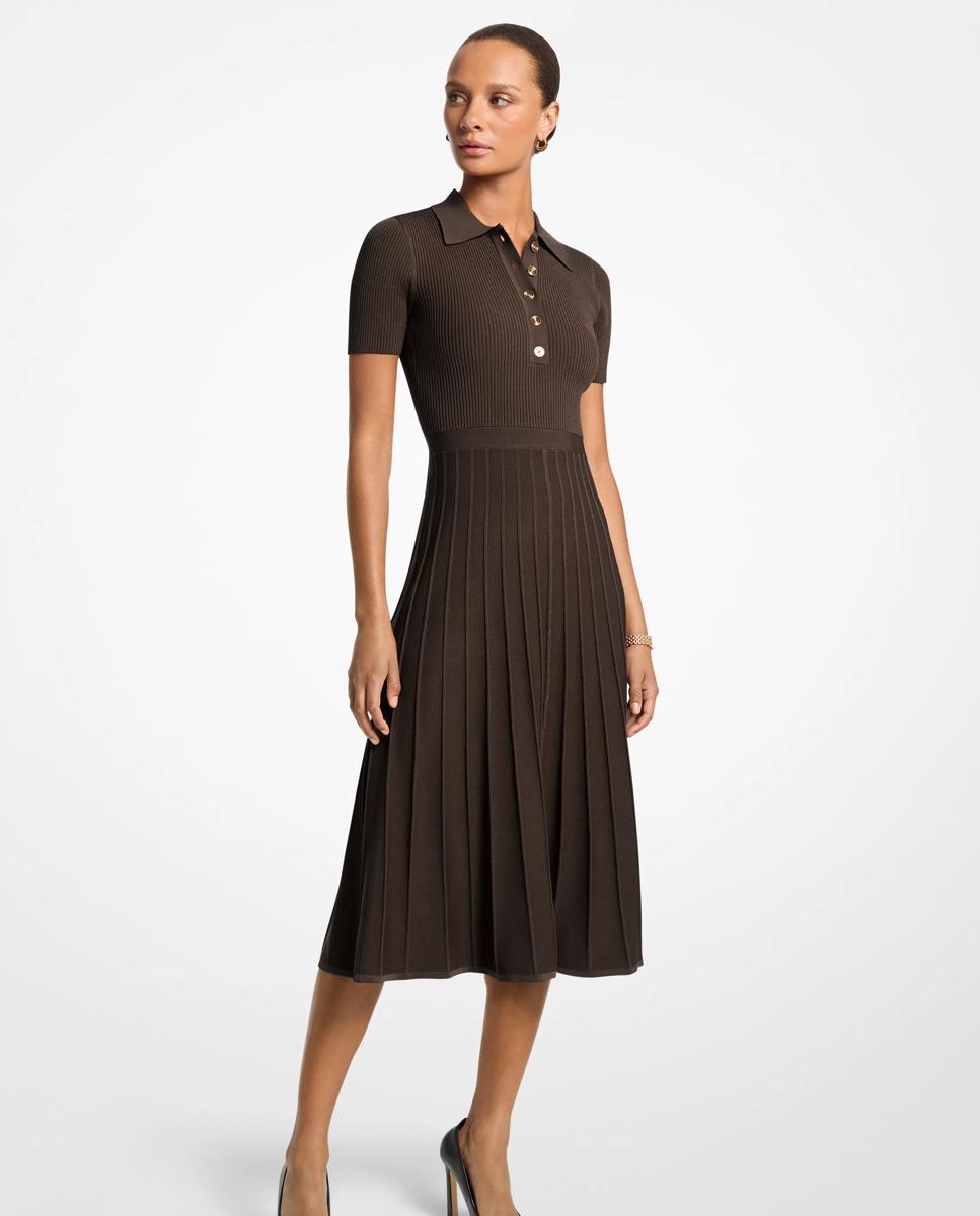 Vestido midi tipo polo de punto elástico acanalado - Michael Michael Kors - Marrón chocolate Marrón chocolate-1