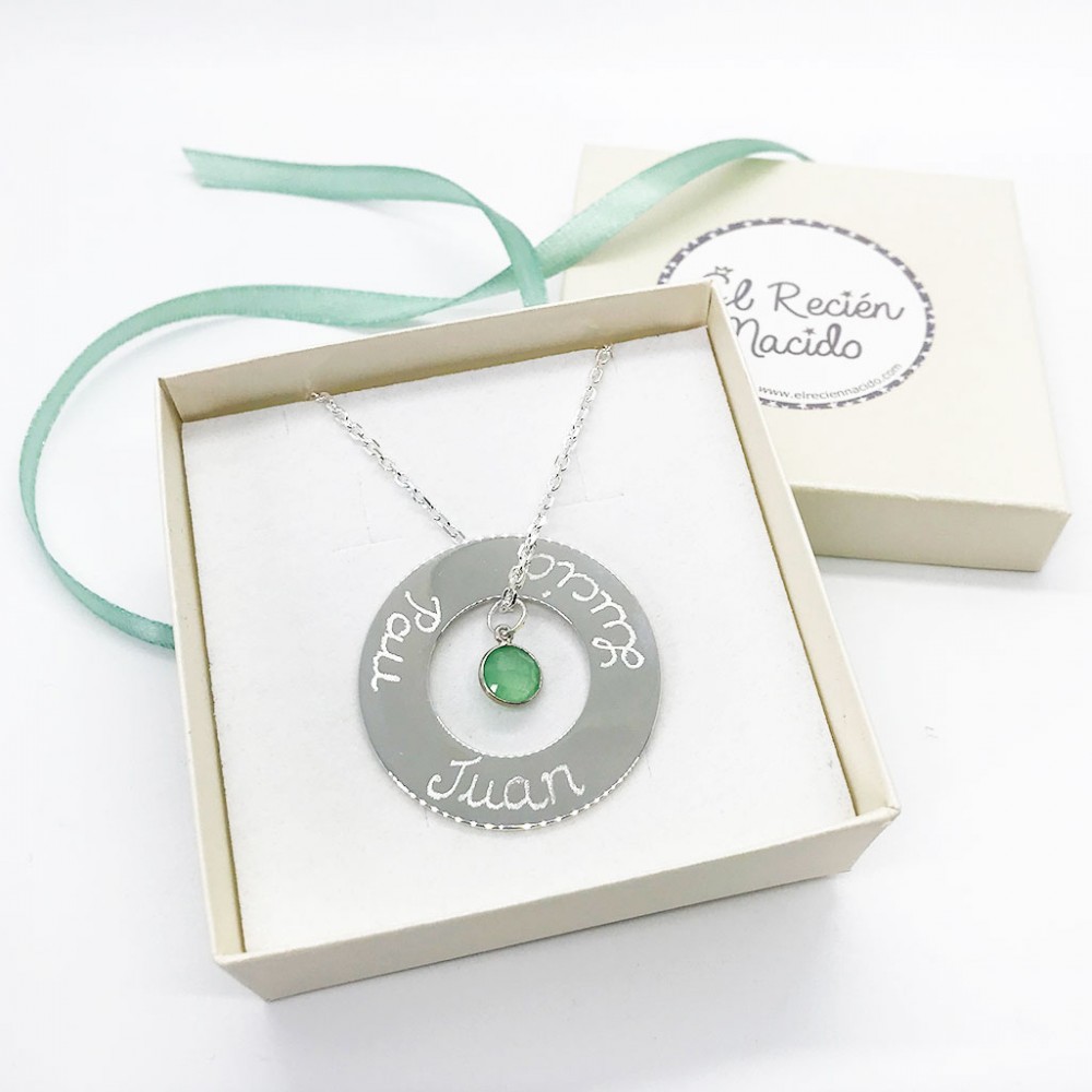 Collar mama aro para mujer El Recién Nacido grabado con nombre de y piedra semipreciosa verde - Plata Plata-1